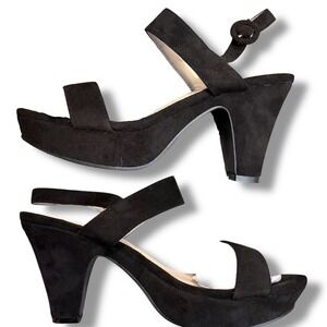 NIB Perphy Women Black PU Suede Platform Wedge Ankle Strap Sandals Shoes Sz 10